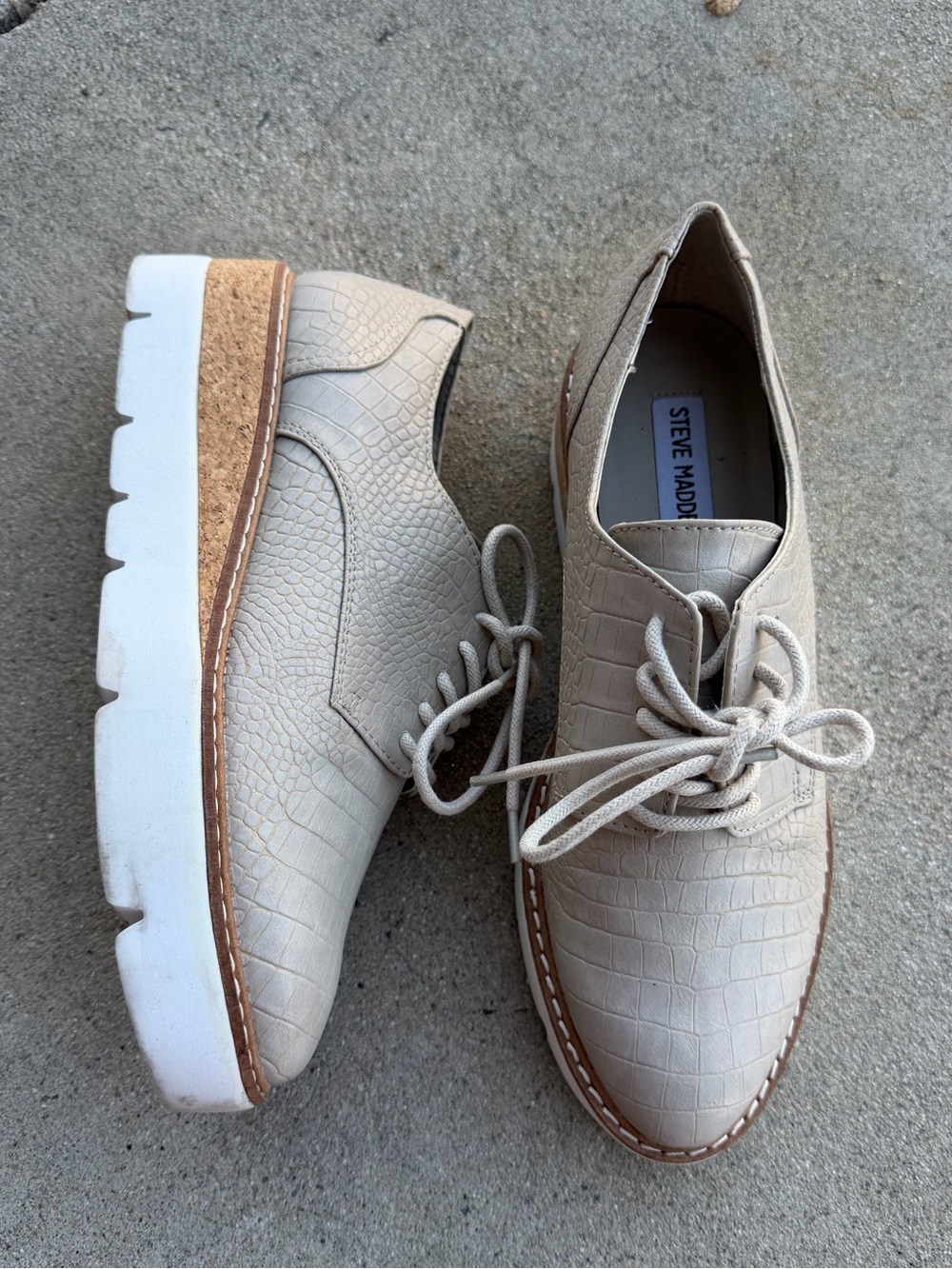 Steve Madden Beige Croc-Embossed Platform Oxford Espadrilles